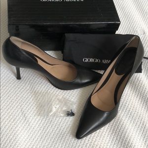 Giorgio Armani black leather pointed toe pumps.